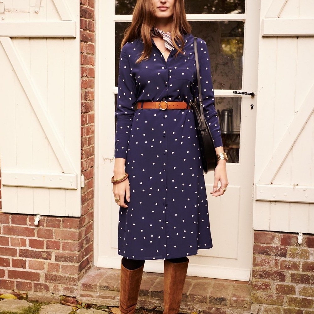 NWT Sezane Navy Polka Dot Long Sleeve Shirt Dress